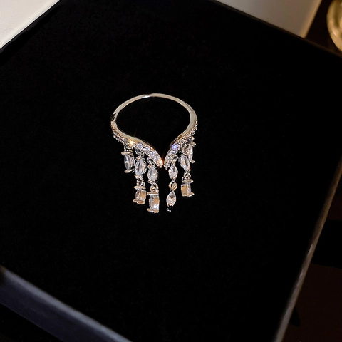 Elegant Tassel Dangle Ring Copper Marquise Zircon Open Adjustable Ring For Women Luxury Jewelry Gift