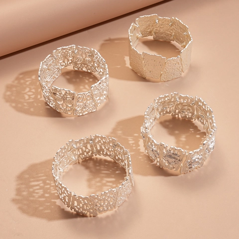 Bracelet Manchette Large En Alliage Argent Fleur Ajourée Texture Martelée Bijoux Style Ethnique Bohème Pour Femmes
