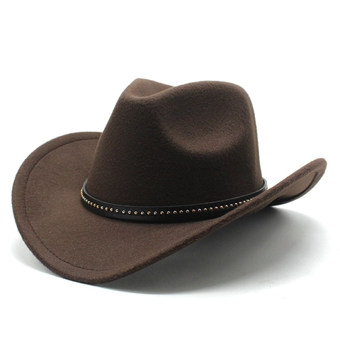 Chapeau Cowboy Western Feutre Laine Bord Large Bande Décorative Rivets Métalliques Style Rétro Jazz Fedora Hommes Femmes