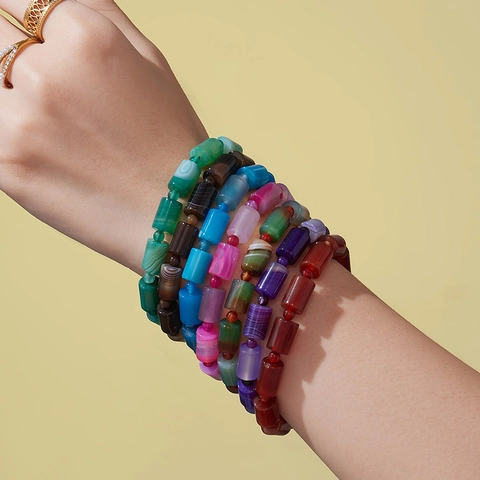 Natural Stone Bracelet Barrel Agate Beads Elastic Bangle Colorful Bohemian Jewelry Women Men