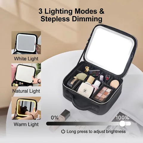 Make Up Koffer Met LED Spiegel PU Leer Grote Capaciteit Verstelbare Verdelers Professionele Reis Cosmetische Tas