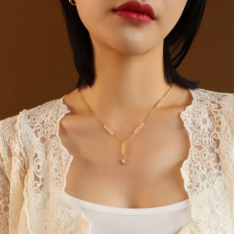 Octagramm Stern Anhänger Halskette Titanstahl 18K Vergoldet Zirkon Y Form Kette Eleganter Schmuck Für Damen