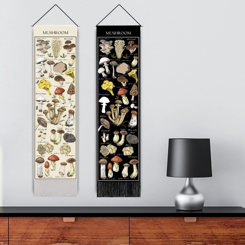 Mushroom Botanical Hanging Scroll Tapestry Vintage Plant Illustration Polyester Cotton Wall Art Wood Pole Tassels Decor