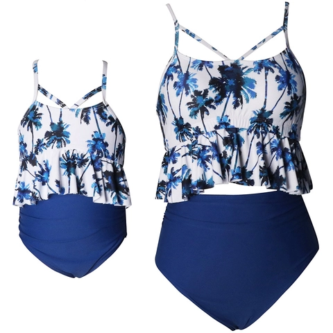 Mutter Und Tochter Passende Badebekleidung Rüschen Bikini Oberteil Und Hohe Taille Tropischen Blatt Druck Bademode Nylon Spandex