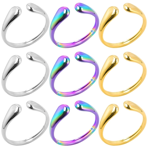 Minimalist Water Drop Open Ring Stainless Steel Polished Teardrop Adjustable Jewelry Unisex Couple Modern Retro Style