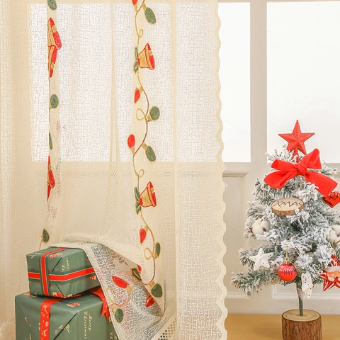 Christmas Lace Curtain Bell Embroidery Sheer Mesh Window Door Panel For Holiday Home Decor American Vintage Style