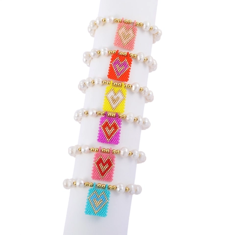 Freshwater Pearl Bracelet With Heart Seed Bead Charm Alloy Metal Beads Adjustable Cord Bohemian Style For Women