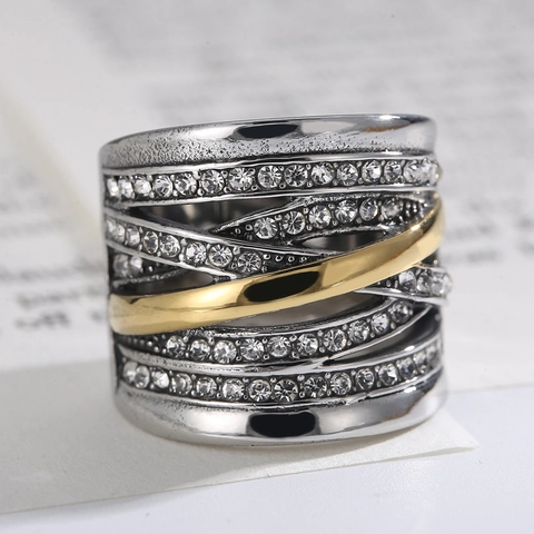 Intertwined Wide Band Ring Stainless Steel Two Tone Gold Silver Multi Layer Pave Cubic Zirconia Vintage Jewelry Women