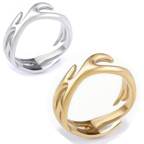 Anello In Acciaio Inossidabile 316L Corna Fiamma Totem Lucidato Ramo Minimalista Stile Punk Gioielli Uomo Donna