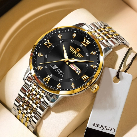 Montre Homme Quartz Acier Inoxydable Étanche Lumineux Affichage Jour Date Affaires Mode Analogique Bracelet