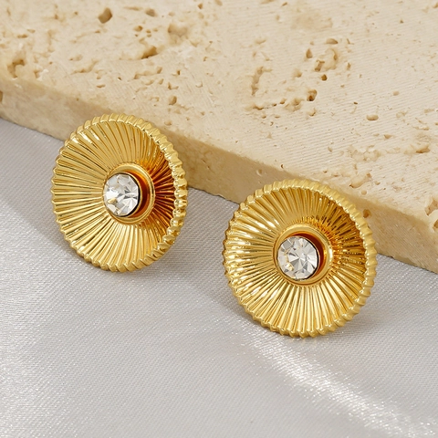 Vintage Round Sunburst Texture Stud Earrings For Women Stainless Steel 18K Gold Plated Inlaid Rhinestone Geometric Jewelry