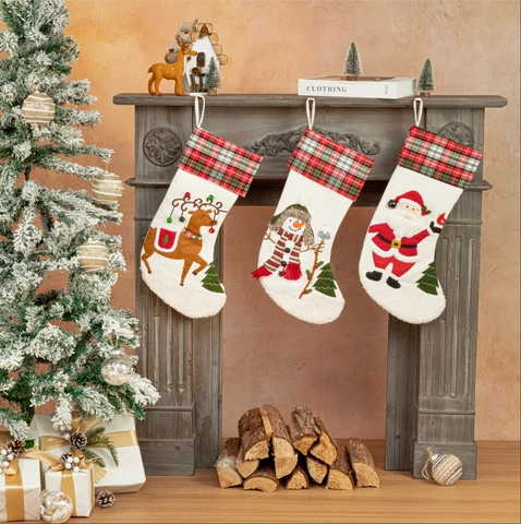 Christmas Stocking Polyester Plaid Fabric Santa Snowman Reindeer Applique Fireplace Holiday Decor Hanging Gift Bag