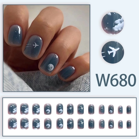 Press On Nails Night Sky Airplane Moon Pattern Gradient Blue Glossy Short Square Round Artificial Fake Nails For Women
