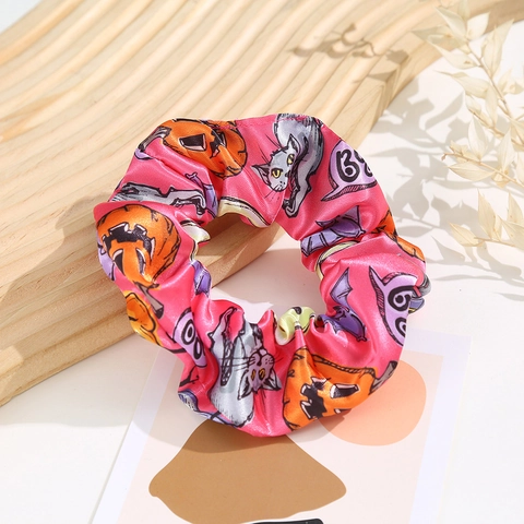 Halloween Scrunchies Satin Polyester Hair Ties Pumpkin Ghost Skeleton Print Retro Elastic Ponytail Holder Party Decor