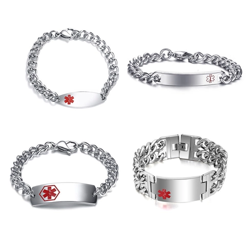 Medical Alert Bracelet Stainless Steel Emergency ID Tag High Polished Curb Chain Jewelry For Men Unisex