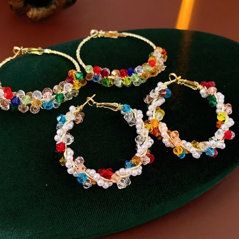 Pendientes De Aro Redondos De Cristal Y Perlas Artificiales De Imitación Coloridos Con Poste De Plata Para Mujer Estilo Bohemio