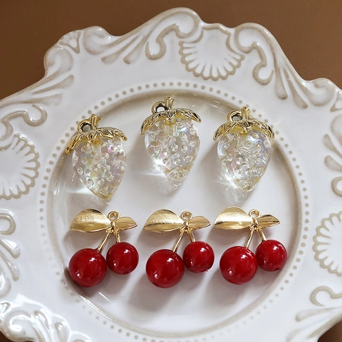 Cute Fruit Charms Strawberry Cherry Resin Acrylic Pendants With Gold Alloy Leaf For DIY Jewelry Making Earrings