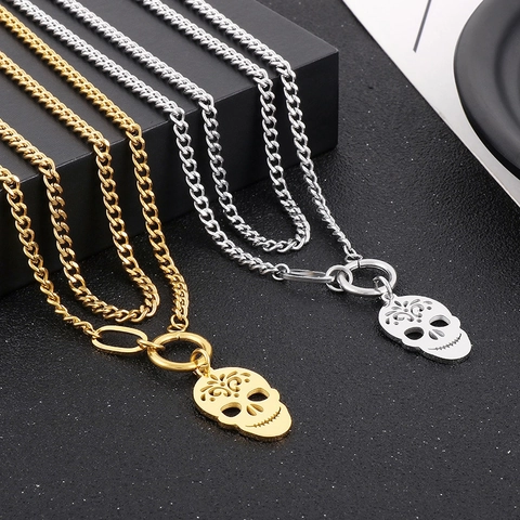 Collar Con Colgante De Calavera De Doble Capa Acero Inoxidable Cadena Cubana Joyería Punk Gótica Para Hombres Unisex