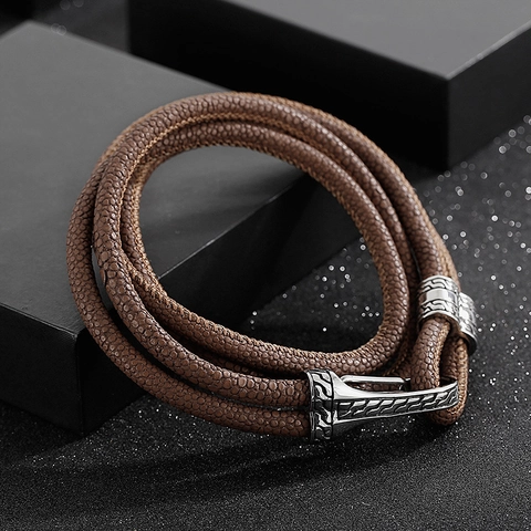 Pulsera Envolvente Hombre Acero Inoxidable Cuero Genuino Multi Capa Trenzada Retro Punk Brazalete Cierre Geométrico