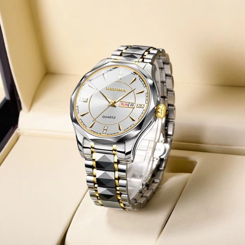 Luxus Herren Damen Business Quarzuhr Wochentag Datum Leuchtend Edelstahl Zweifarbig Strass Zifferblatt Analog Armbanduhr