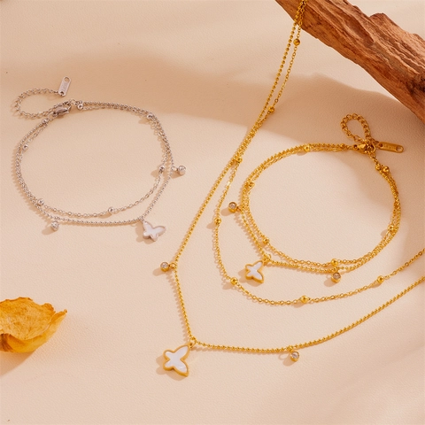 Elegant Stainless Steel Butterfly Jewelry Set For Women Gold Silver Plated Rhinestone Shell Pendant Necklace Bracelet Anklet