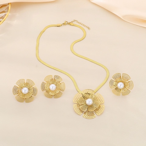Vintage Roestvrij Staal Bloemige Kunstparel Ketting Oorbellen Ring Voor Vrouwen Retro Holle Bloem Sieraden Accessoires
