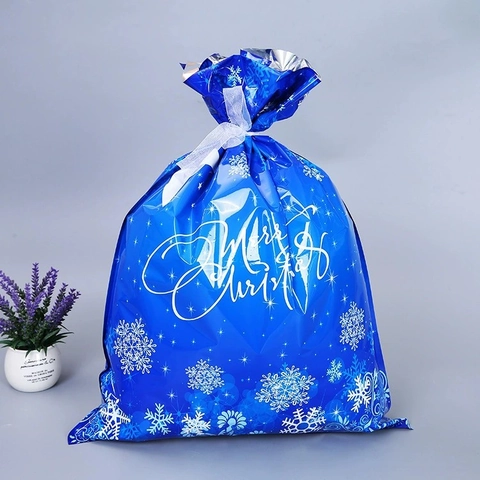 Weihnachten Süßigkeiten Kordelzug Geschenktüten Weihnachtsmann Schneeflocken Muster Metallic Kunststoff Beutel Für Festliche Verpackung