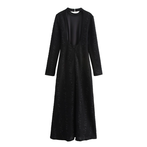 Elegant Black Long Sleeve Maxi Dress Sequin Shimmer Backless Mock Neck High Waist Slim Fit Evening Banquet Party For Women