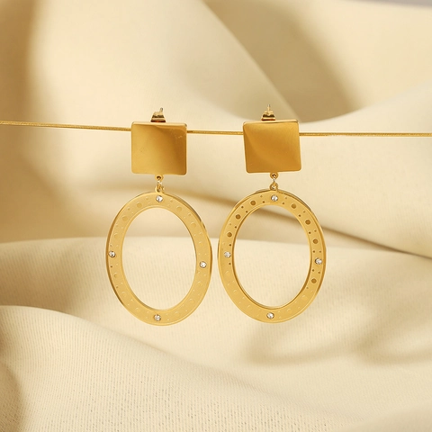 French Style Stainless Steel 18K Gold Plated Oval Hollow Drop Earrings Geometric Rhinestone Inlaid Fashion Jewelry For Women