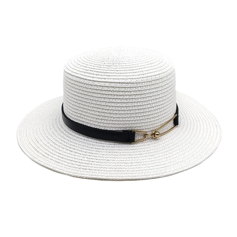 Boater Straw Hat With Leather Band Metal Buckle Flat Top Wide Brim Sun Protection Summer Beach Vacation For Women