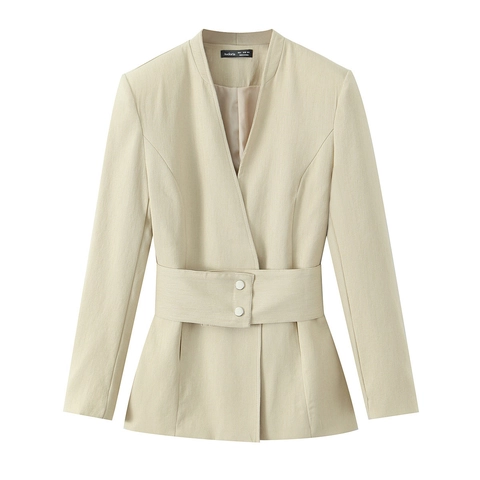 Damen Blazer Und Weite Hose Beige Einfarbig Polyester Mit Gürtel Elegant Minimalistisch Büro Dame Geschäftsoutfit