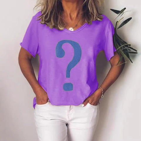 Women's Casual Cotton Spandex V Neck Short Sleeve T-Shirt Loose Fit Printed Question Mark Pattern Pullover Top Everyday Tee