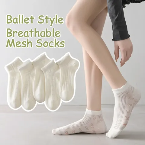 Chaussettes Courtes Style Ballet Pour Femmes Coton Peigné Respirant Maille Creuse Noeud Volants Dentelle Doux Léger