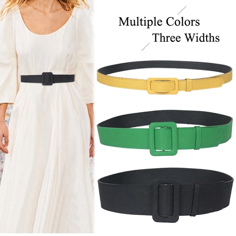 Women Waist Belt PU Leather Fabric Square Buckle Versatile Dress Accessory Fashion Simple Solid Color Cinch Elegant