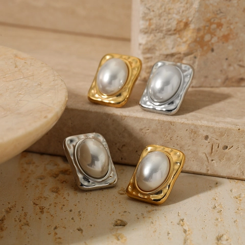 Vintage Baroque Stud Earrings With Faux Artificial Pearl And Hammered Stainless Steel Geometric Rectangular French Style For Women