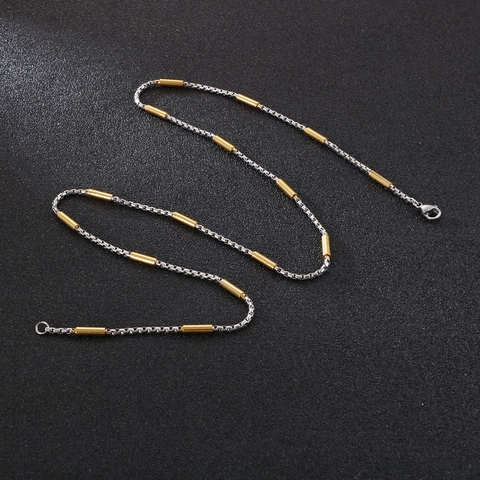 Stainless Steel Box Chain Necklace With Cylindrical Beads Dual Tone Minimalist Jewelry For Men Women