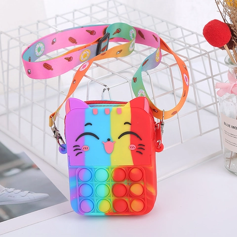 Cartoon Cat Silicone Pop Bubble Fidget Crossbody Bag For Kids Girls Stress Relief Coin Purse With Rainbow Strap