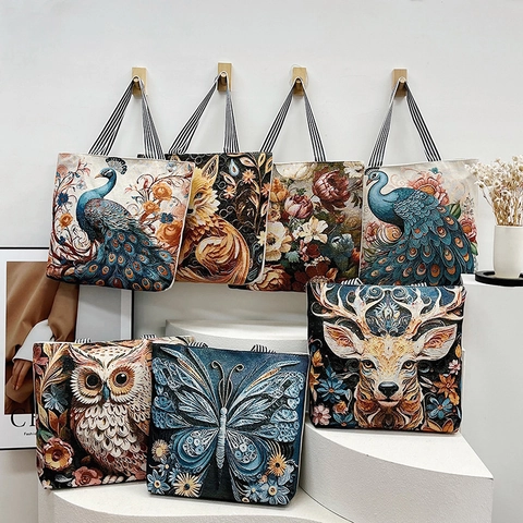 Women Canvas Tote Bag 3D Embroidery Jacquard Ethnic Floral Animal Pattern Handbag Large Capacity Striped Strap