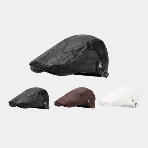 Vintage PU Leather Flat Cap Newsboy Ivy Hat Adjustable Solid Color British Retro Painter Style For Men And Women