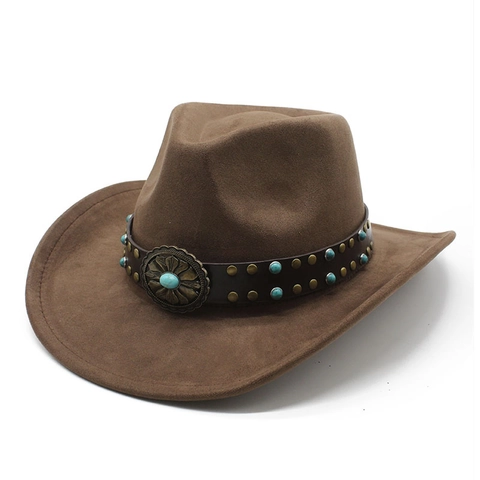Western Cowboy Hat Suede Polyester Retro Wide Brim With Turquoise Leather Band Decorative Metal Buckle For Men Women