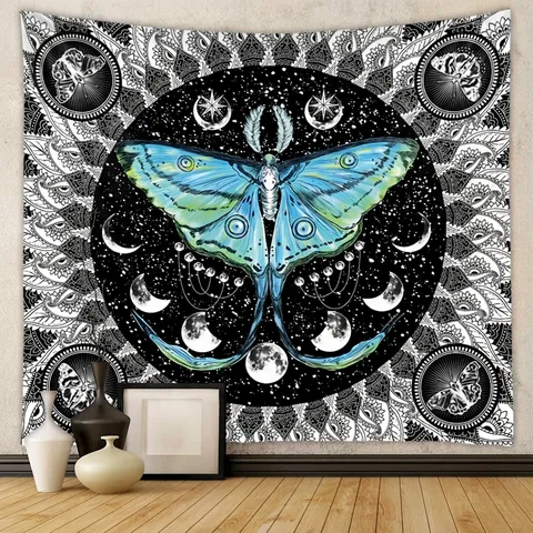 Bohemian Wall Tapestry Polyester Mystical Moth Butterfly Moon Phase Mushroom Vintage Home Decor For Bedroom Living Room