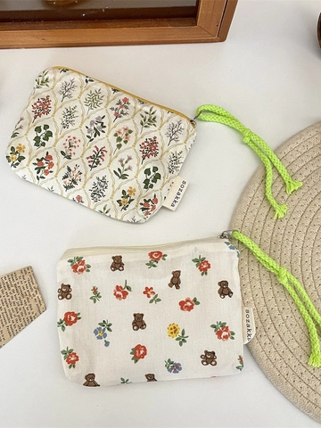 Korean Style Floral Polyester Makeup Bag Portable Zipper Toiletry Storage Pouch With Colorful Rope Handle For Women Travel Organiser