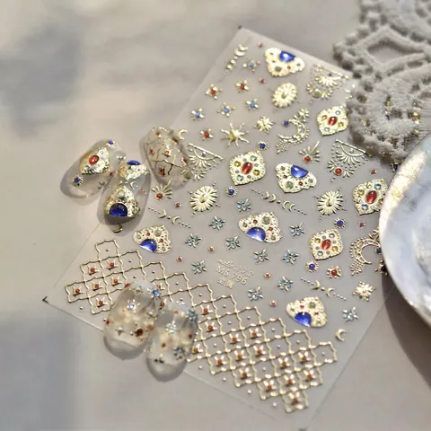 Three Dimensional Embossed Nail Stickers Metallic Gold Bohemian Sun Moon Stars Vintage Jewelry Style Decals Faux Gems
