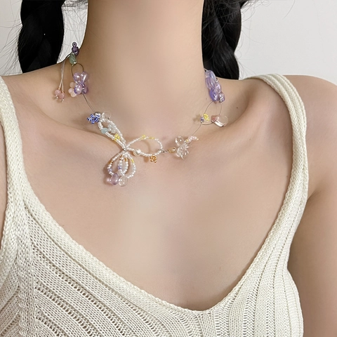 Collier De Perles Fait Main Avec Breloques Fleurs Et Papillons Colorés Perles En Résine Bijoux De Vacances Pour Femmes
