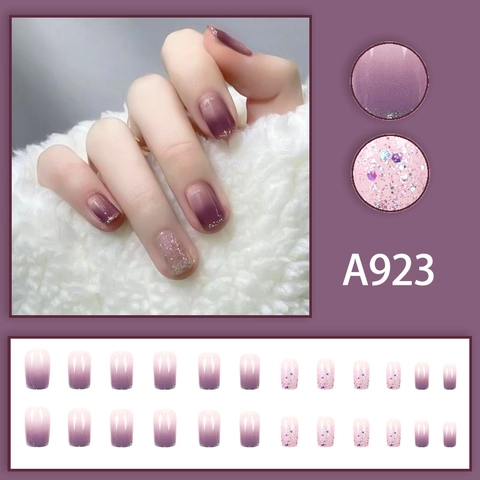 Press On Nails Lila Farbverlauf Silber Glitzer Schimmer Französischer Stil Süß Elegant Abnehmbar Glänzende Nägel