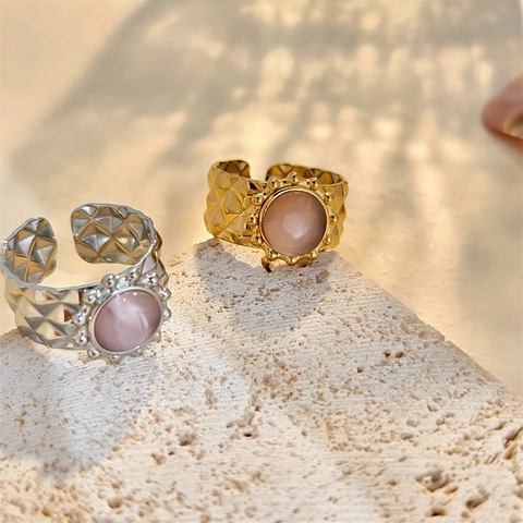 Trendy Stainless Steel Open Ring For Women Rhombus Texture Geometric Rhinestone Adjustable Pink Stone Fashion Finger Jewelry