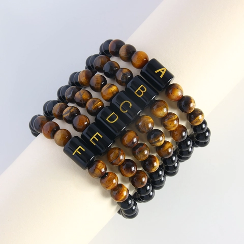 Natural Tiger Eye Stone Obsidian Beaded Bracelet Gold Initial Letter Elastic Wristband Jewelry For Men Women