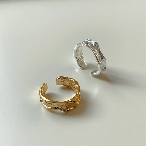 Anello In Argento Sterling 925 Trama Lavica Irregolare Gemma Verde Incastonata Aperto Regolabile Gioielli Dito Donne Stile Retrò