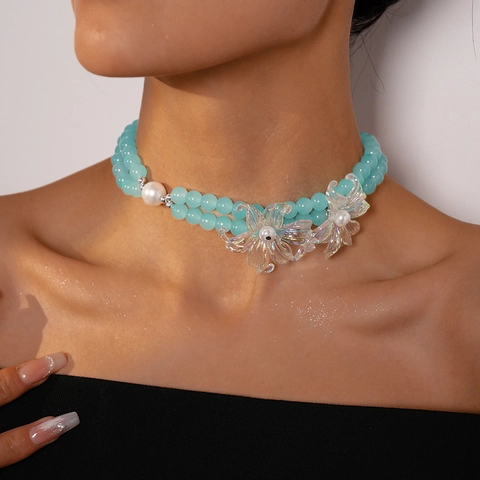 Collar De Cuentas En Capas Con Perlas Artificiales De Imitación Y Cuentas De Vidrio Colgante De Flor Iridiscente Joyería Elegante Para Mujer
