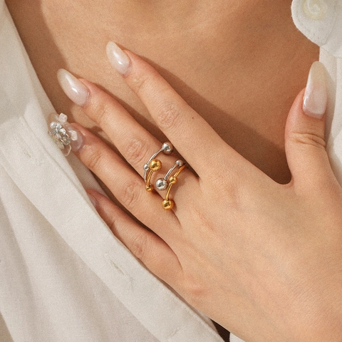 Minimalistischer Mehrlagiger Spiralring Edelstahl Gold Silber Farblock Metallkugel Perle Offener Verstellbarer Schmuck Damen